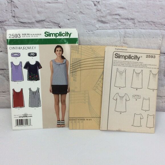 Simplicity Cynthia Rowley Sewing Pattern 2593 Womens Top/Headband Sz 14-22 Uncut - Picture 3 of 5